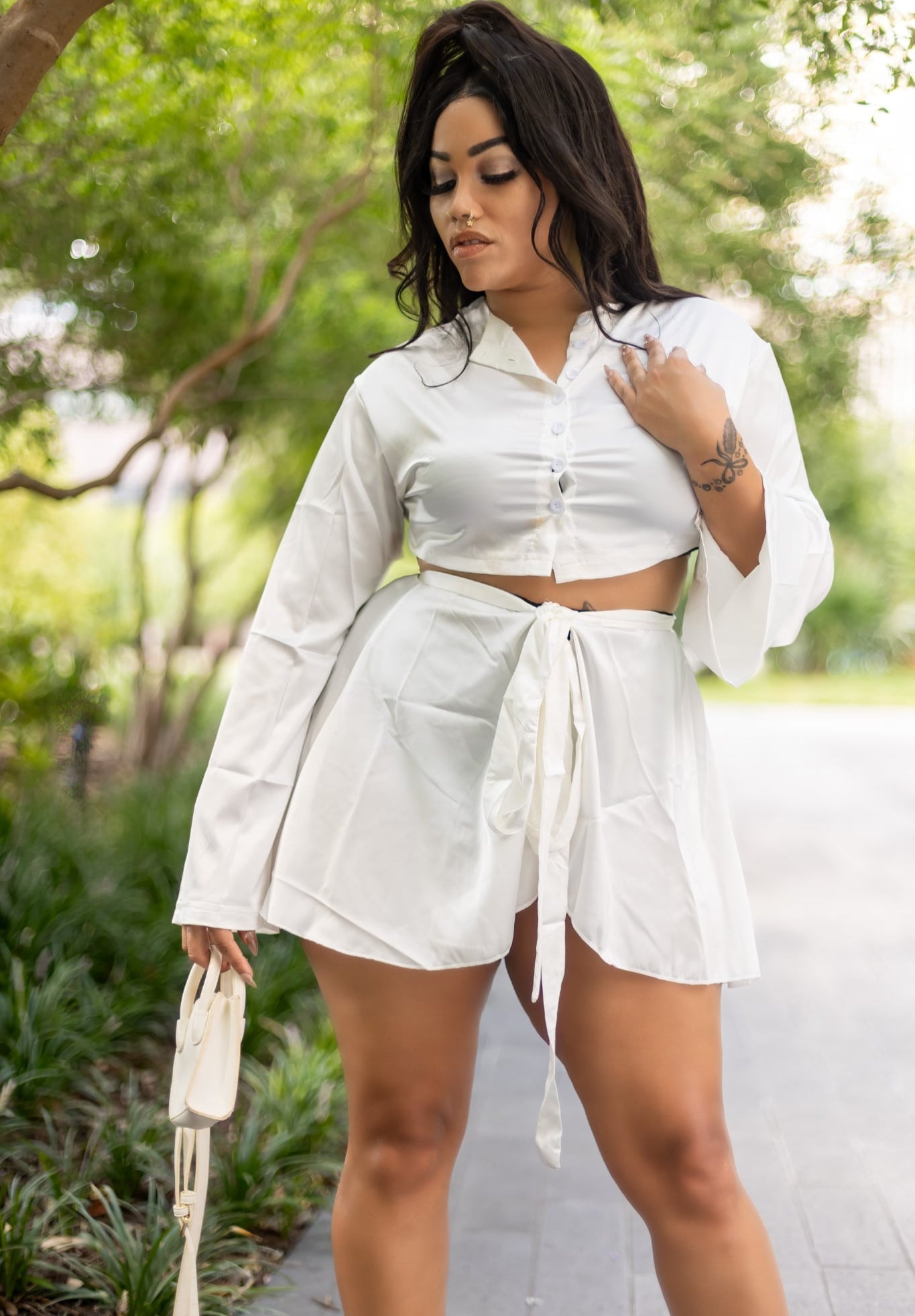 Women's Satin Wrapped Skirt Set - Baebekillinem Boutique- Satin/ Polyester- White