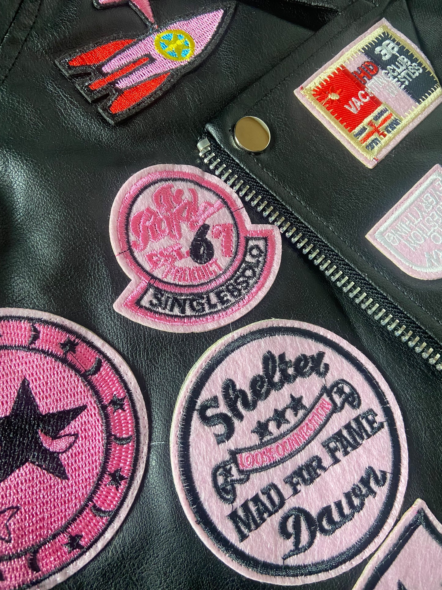 Women's Leather Patch Crop Jacket- Baebekillinem Boutique- Hot & Delicious- Black/Pink- Leather/ Polyester/ Rayon