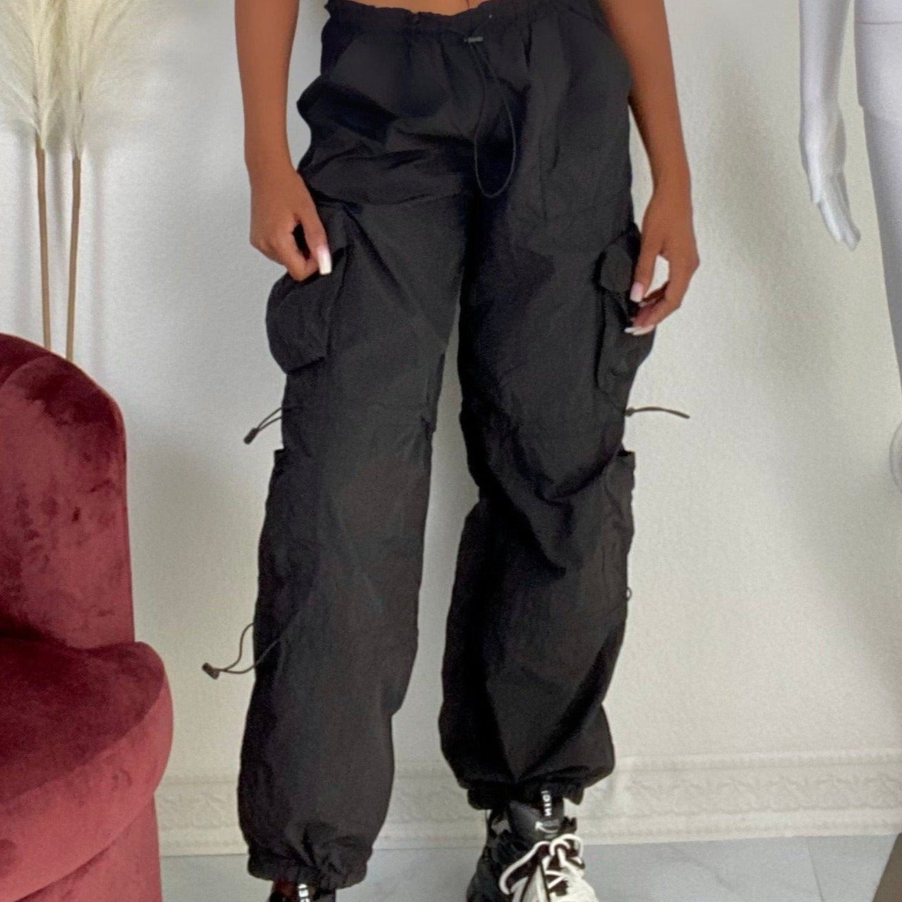 Women's Baggy Drawstring Cargo Pants - BaeBekillinem Boutique- Polyester/ Spandex- Gray/ Blackoversized- windbreaker- casual- everyday- night- baggy- thin