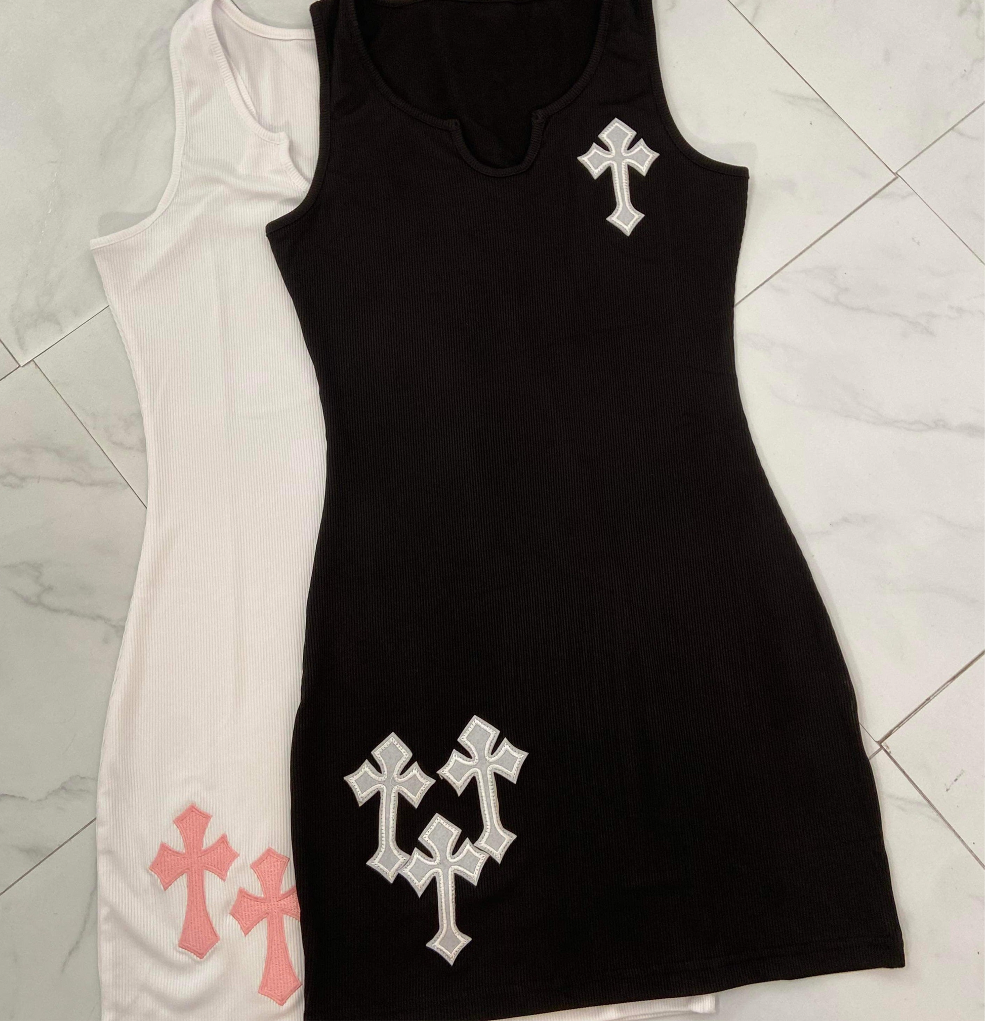 Women's Sleeveless Cross Tank Dress - Baebekillinem Boutique- Polyester/ Cotton/ Spandex- Patchwork- Mini- Pink/ White/ Black