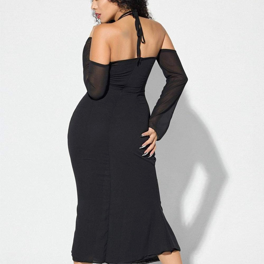 Women's Chiffon Halter Midi Dress - BaeBekillinem Boutique- Polyester/ Spandex- Black/ Green-  party- event- cocktail- girls- night- out- maxi- see through- alex- hudson