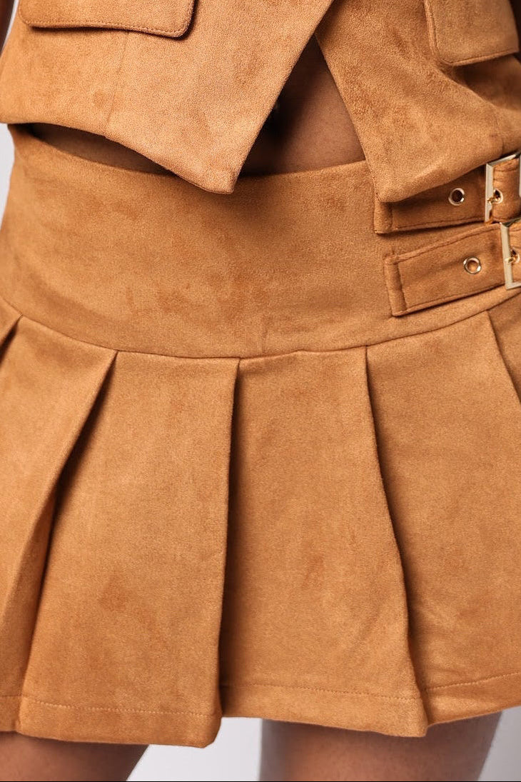 Women's Pleated Suede Mini Skort- front view — Baebekillinem