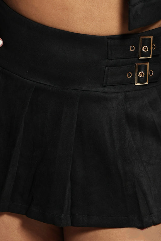 Women's Pleated Suede Mini Skort- close up detail front view — Baebekillinem