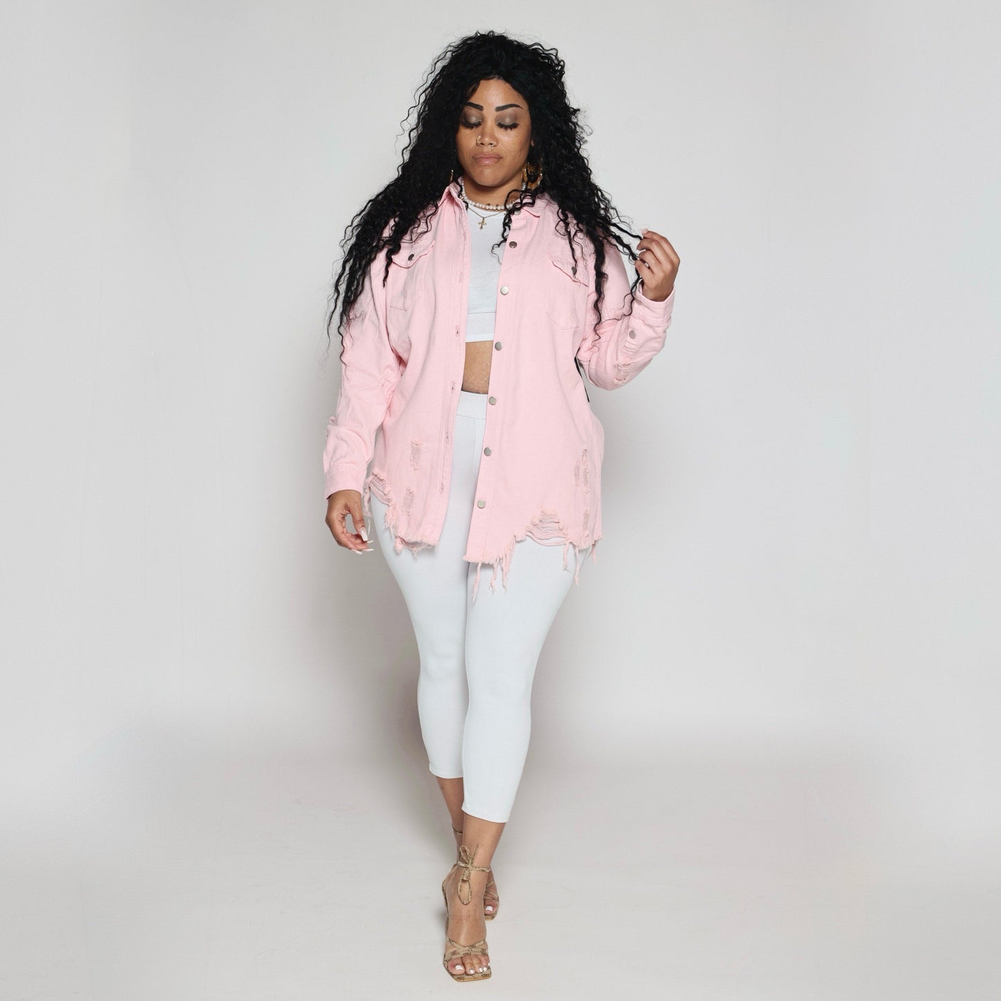 Denim Longsleeve Button Down Shirt- Pink- Distressed