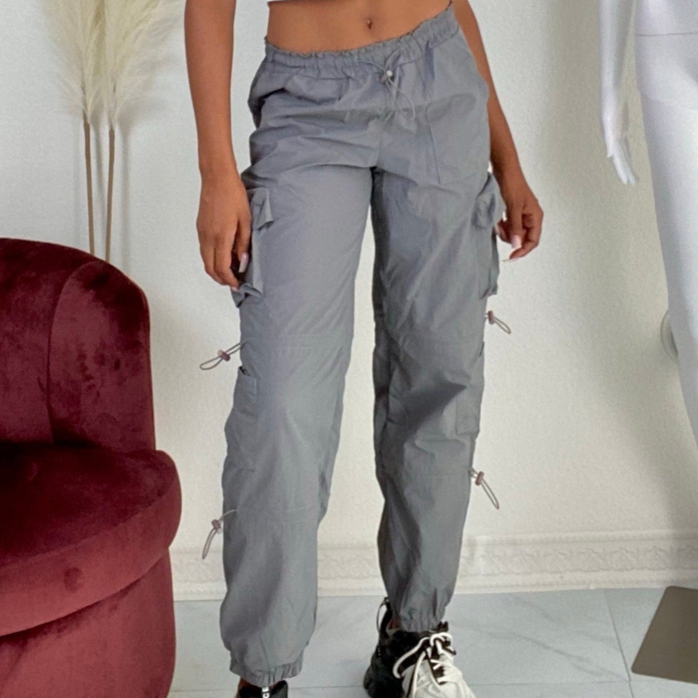 Women's Drawstring Cargo Pants - BaeBekillinem Boutique- Polyester/ Spandex- Gray/ Black