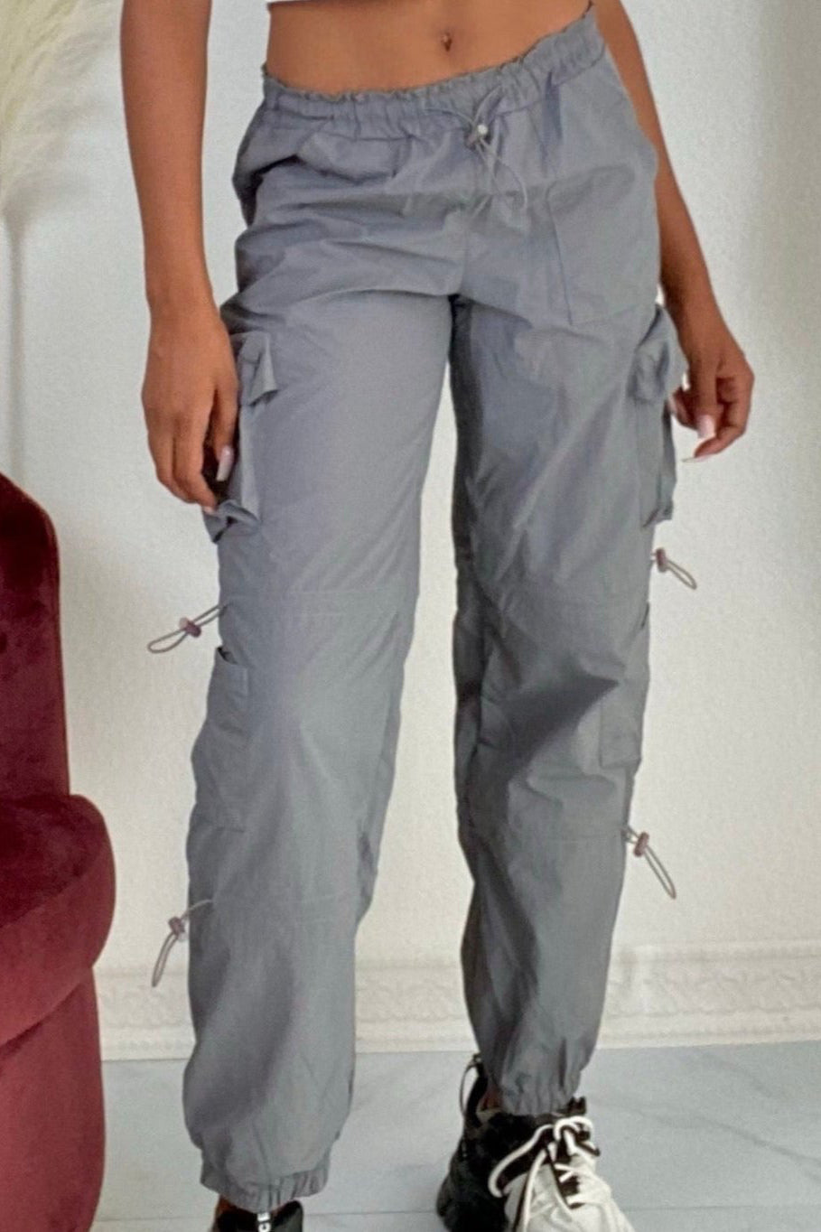 Women's Baggy Drawstring Cargo Pants - BaeBekillinem Boutique- Gray/ Black