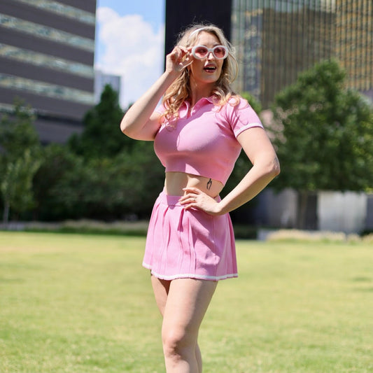 Women's Knitted Polo Skirt Set- Pink/ White- Baebekillinem- Stretch - skort- attached shorts