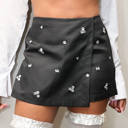 Bling Wrap Mini Skirt- Black- Rhinestones- Baebekillinem boutique
