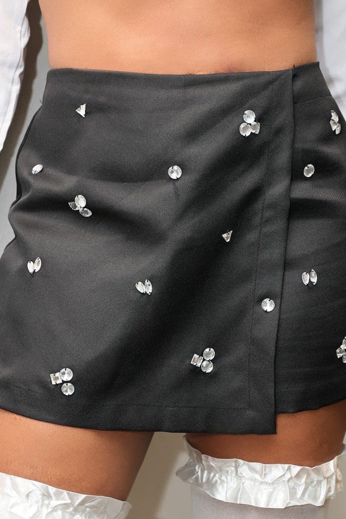 Women's Rhinestone Bling Wrap Mini Skirt- front view — Baebekillinem