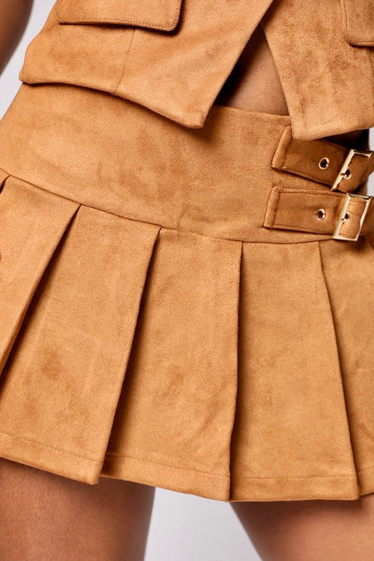 Women's Pleated Suede Mini Skort- front view — Baebekillinem