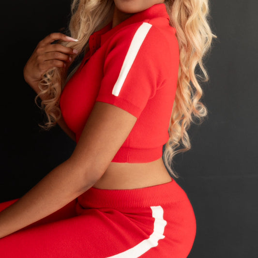 women's Knitted Polo Pants Set- red/ white/ baebekillinem - stretch