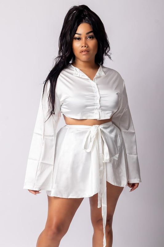 Women's Satin Wrapped Skirt Set - Baebekillinem Boutique- Satin/ Polyester- White