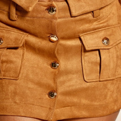 Suede Pocket Button Mini Skirt- camel/ brown/ black
