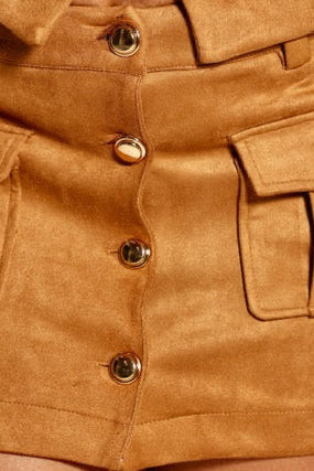 Women's Suede Pocket Button Mini Skirt- close up detail view — Baebekillinem