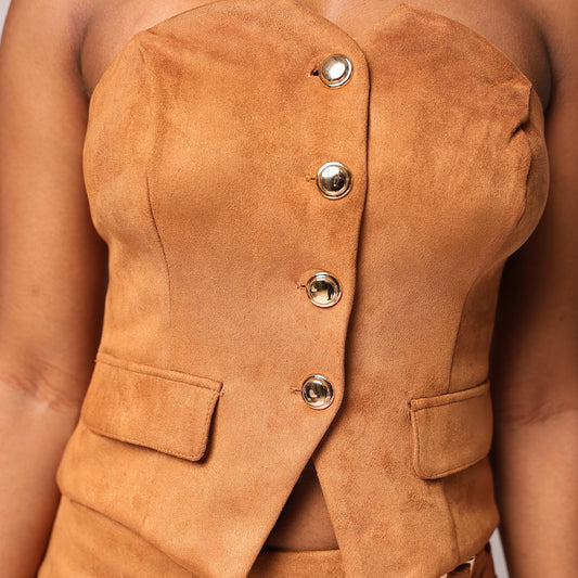 Women's Strapless Suede Corset Top- Deatiled front view — Baebekillinem