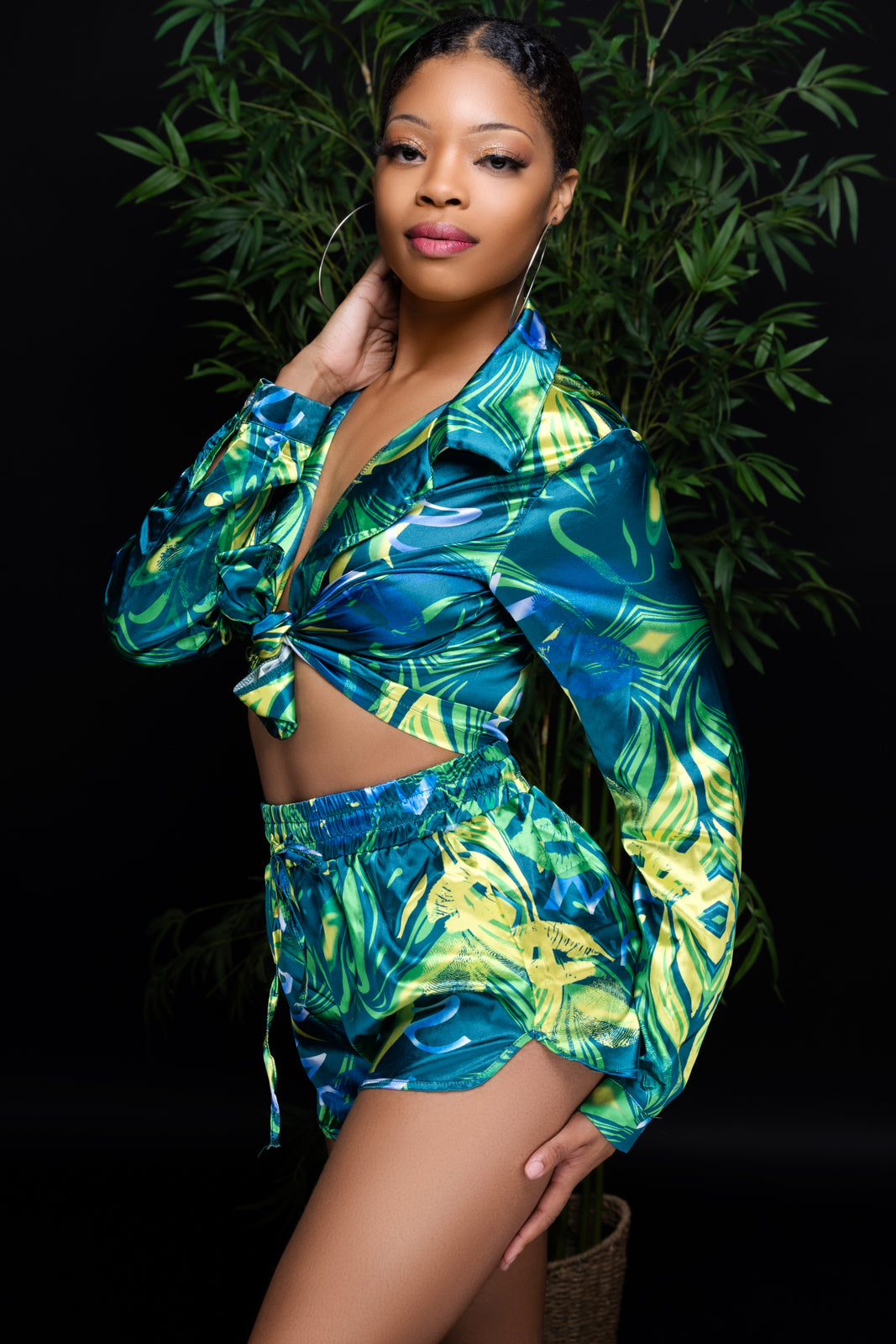 Women's Tropical Satin Abstract Matching Set - Spandex/ Polyester- Green/ Blue- Baebekillinem Boutique- party- club- brunch- yellow- shorts- long sleeve