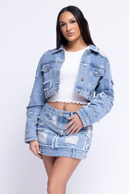 Women's Distressed Denim Skirt Set- Baebekillinem Boutique- Denim/ Polyester/ Spandex- Blue light