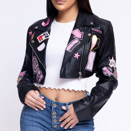 Women's -Leather- Patch- Crop -Jacket- Baebekillinem Boutique- Hot & Delicious- Black- Pink- Leather- Polyester- Rayon- Spring- Fall- motorcycle- varsity