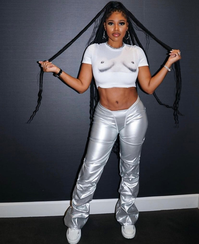 Women's -Hot- Metal- Low- Rise -Pants - BaeBekillinem Boutique- faux- Pu leather- Silver- Deiondra- sanders- girls night- club- party- ruch