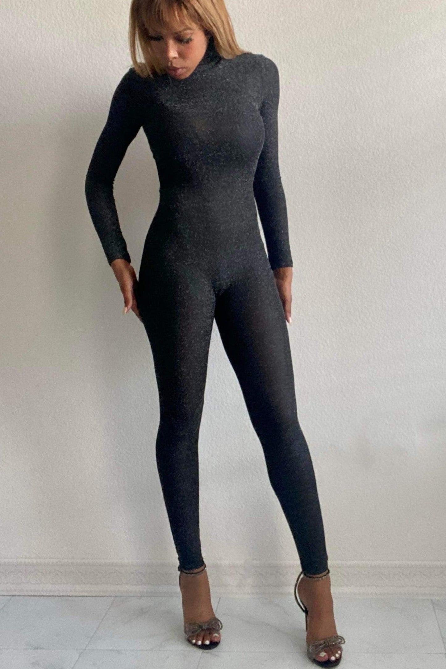 Women's Glitter Backless Stretch Catsuit -front view- BaeBekillinem Boutique-