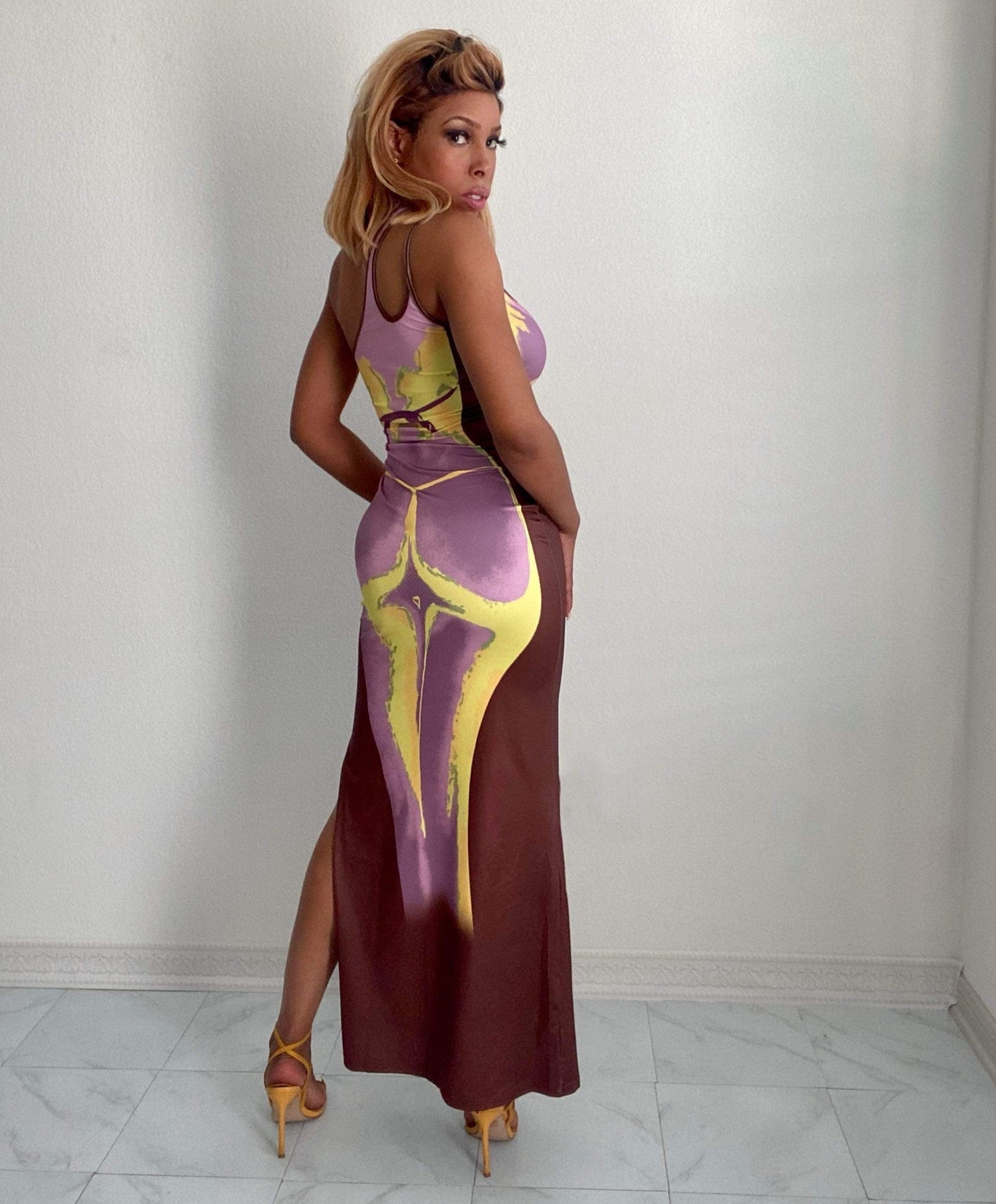 Women's Body Silhouette Maxi Dress - Baebekillinem Boutique - Purple/ Brown/ Yellow- Polyester/ Spandex/ Brocade