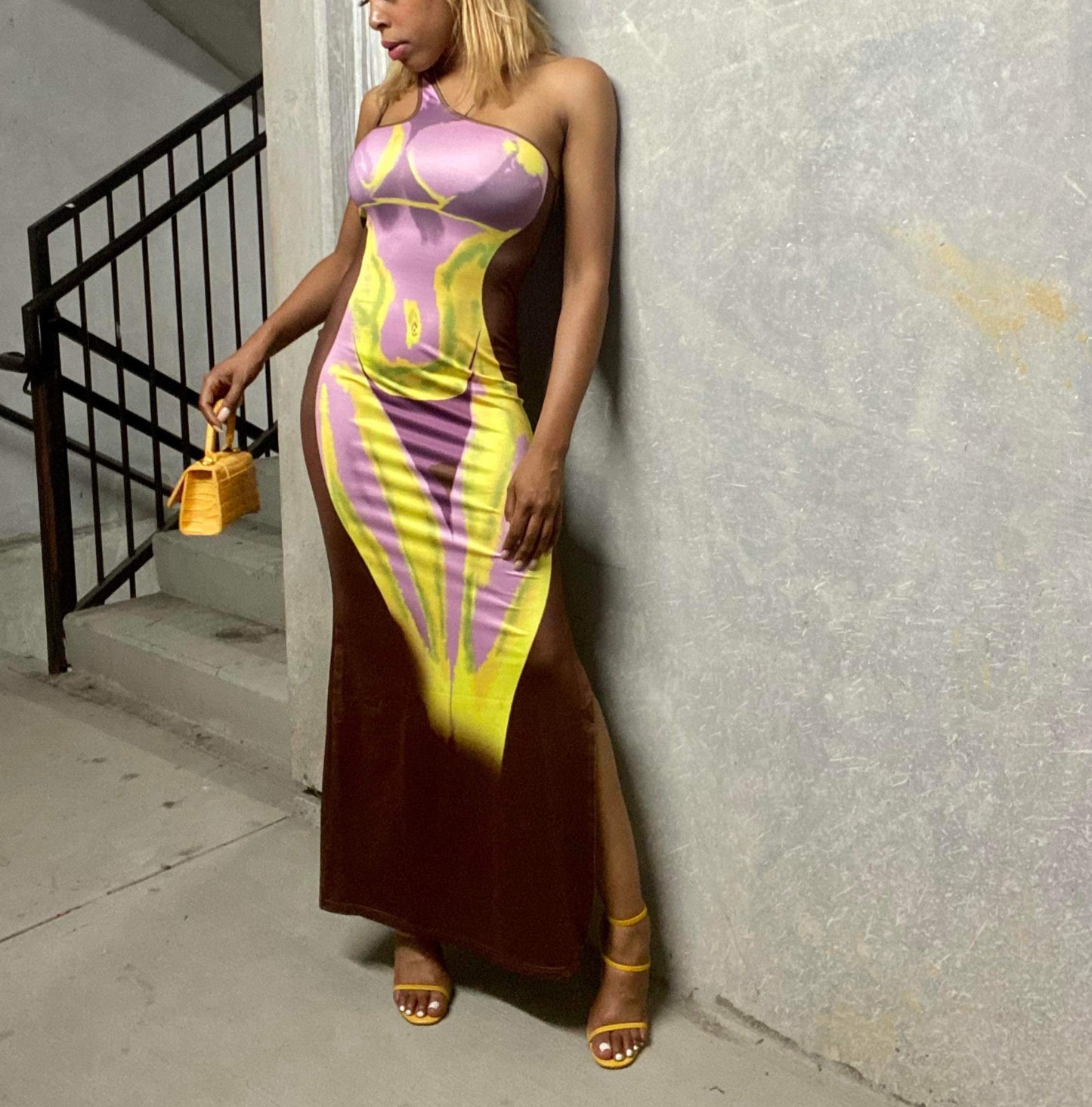 Women's Body Silhouette Maxi Dress - Baebekillinem Boutique - Purple/ Brown/ Yellow- Polyester/ Spandex/ Brocade- Party- Girls night out- Stretchy- slit- body- print