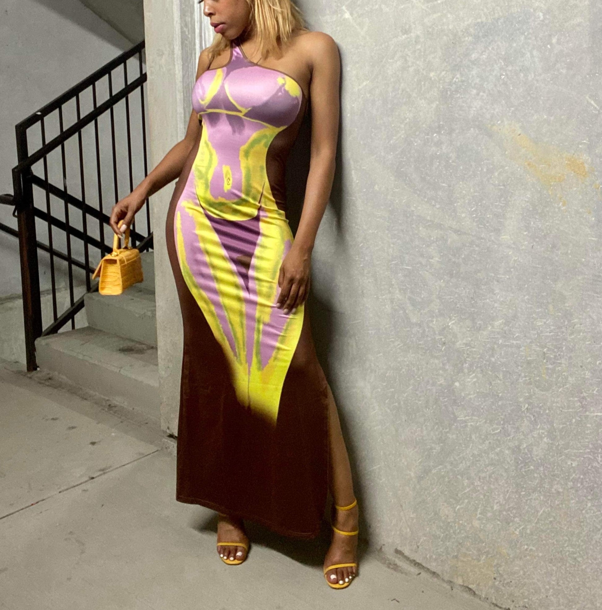 Women's Body Silhouette Maxi Dress - Baebekillinem Boutique - Purple/ Brown/ Yellow- Polyester/ Spandex/ Brocade- Party- Girls night out- Stretchy- slit- body- print