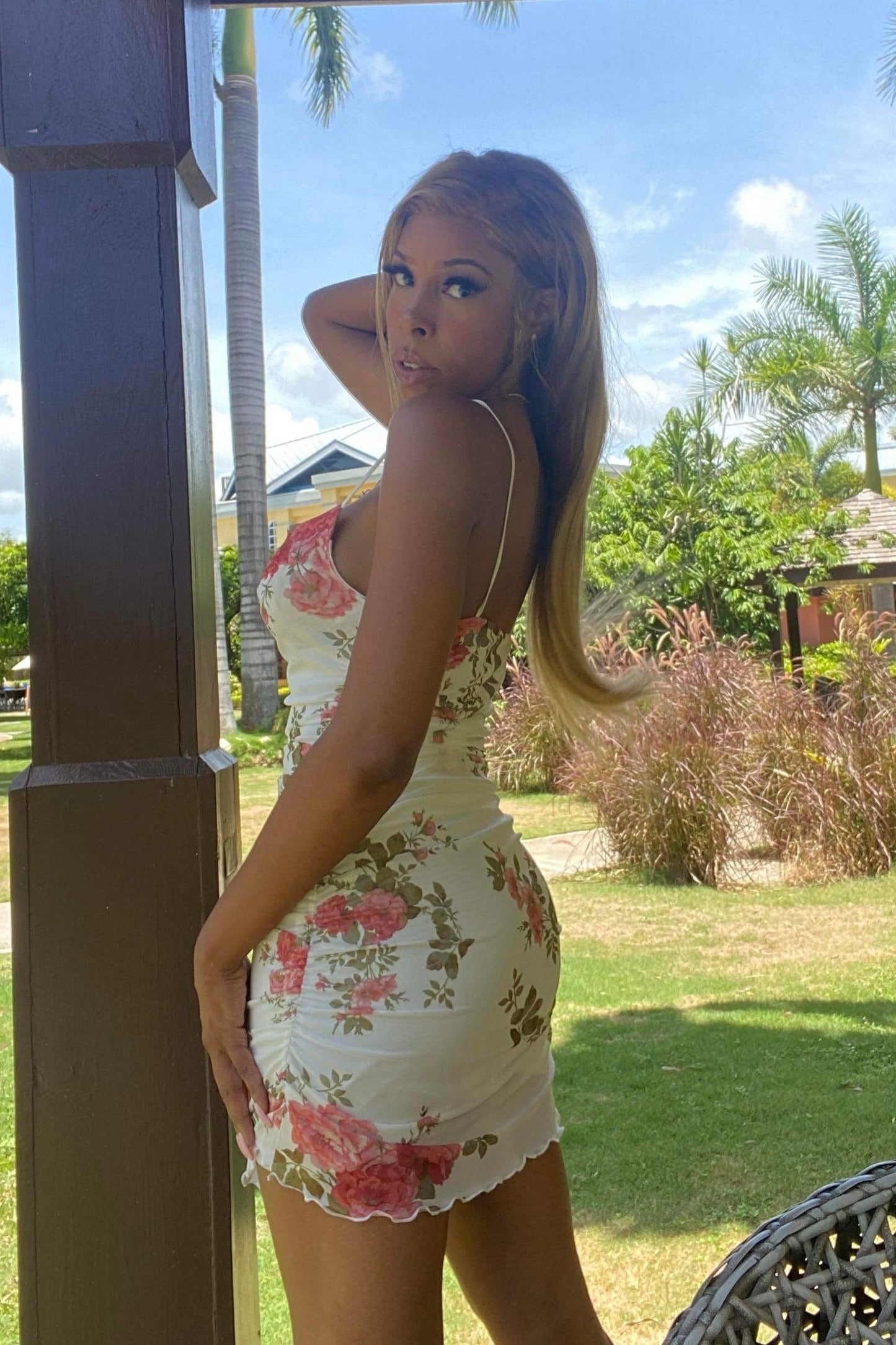 Women's Floral Mesh Mini Dress - BaeBekillinem Boutique- Ruched-Polyester/ Mesh/ Spandex- White/ Pink
