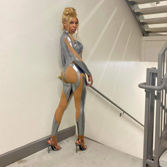 Chrome metallic mesh cutout jumpsuit back view silver — Baebekillinem