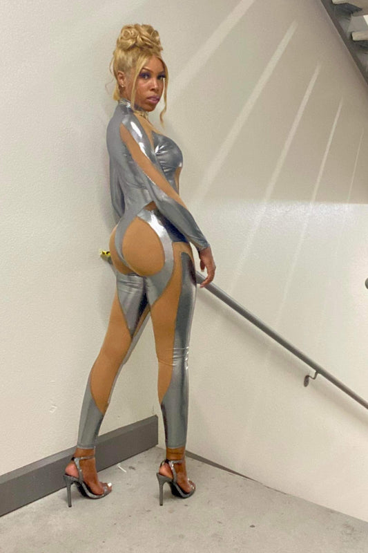 Women's Hollow Mesh Cutout Jumpsuit – Chrome Metallic -back view — Baebekillinem