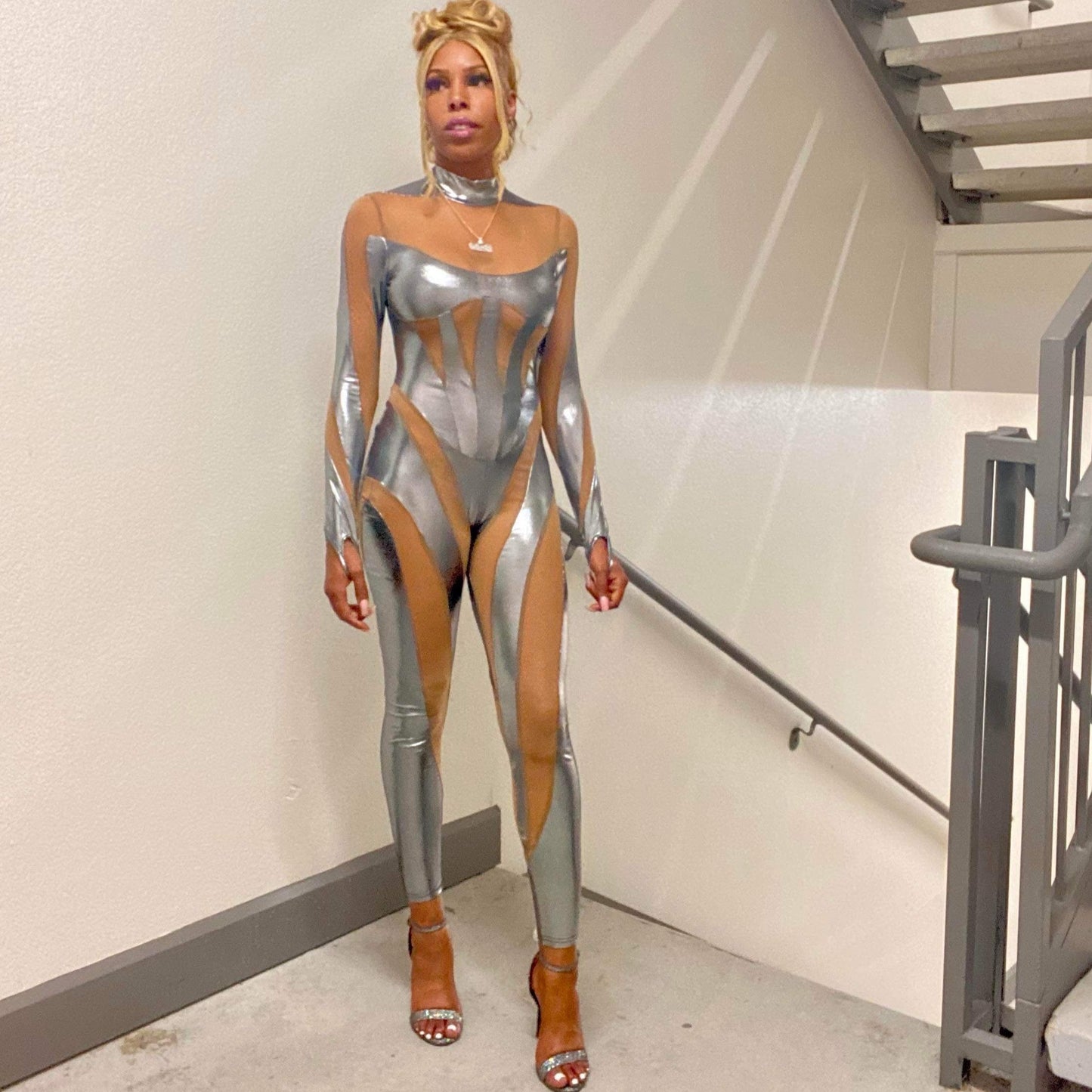 Women's Chrome Hollow Mesh Jumpsuit - BaeBekillinem Boutique- Silver/ Nude- Polyester/ Mesh/ Spandex- cutout