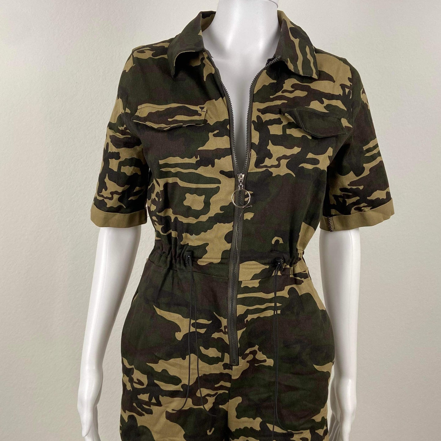 Women's Zip Up Camo Romper - BaeBekillinem Boutique- Green - Polyester/ Broadcloth- Drawstring- Pockets- Shorts- loose fit