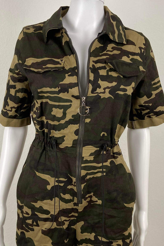 Women's Zip Up Camo Romper - BaeBekillinem Boutique- Green - Polyester/ Broadcloth- Drawstring- Pockets- Shorts- loose fit