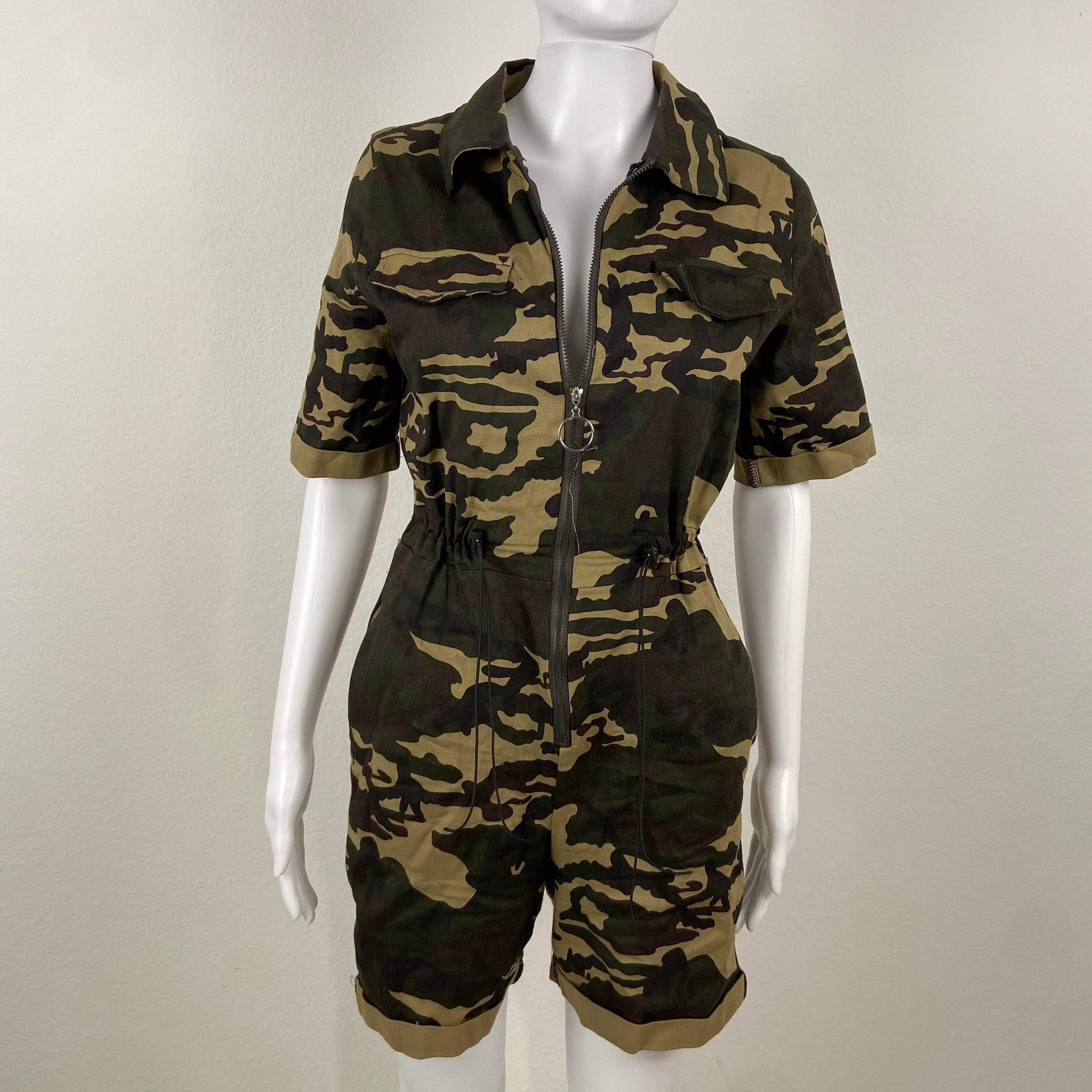 Women's Zip Up Camo Romper - BaeBekillinem Boutique- Green - Polyester/ Broadcloth