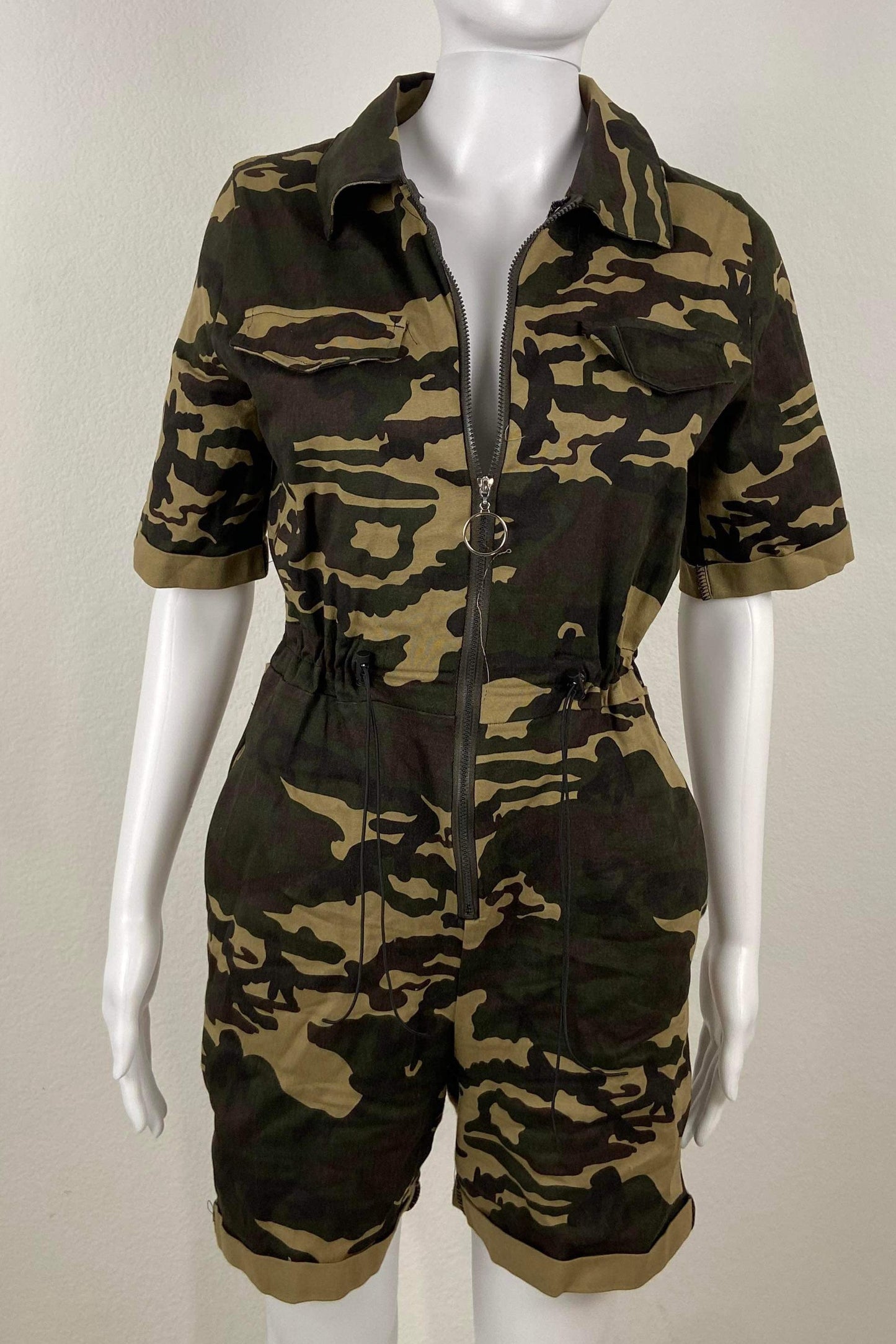 Women's Zip Up Camo Romper - BaeBekillinem Boutique- Green - Polyester/ Broadcloth