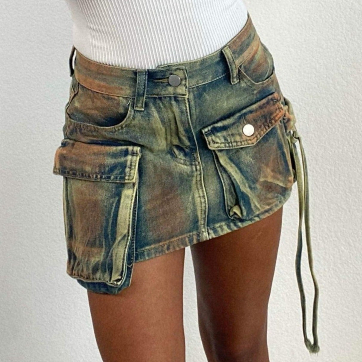 Women's Multicolor Asymmetrical Denim Cargo Mini Skirt - BaeBekillinem- Cotton/ Polyester- Green/ Red/ Blue- party- casual- event- cute asf- 80s- 90s- y2k- night- club- Nicki minaj- doja cat- mini