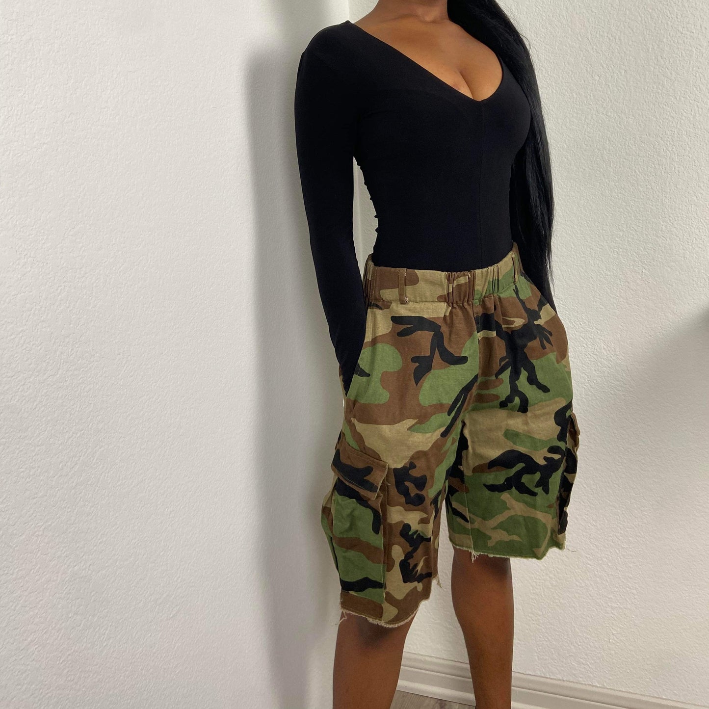 Women's Baggy Camo Cargo Shorts - BaeBekillinem Boutique- Patchwork- Polyester - Green- camo- knee length