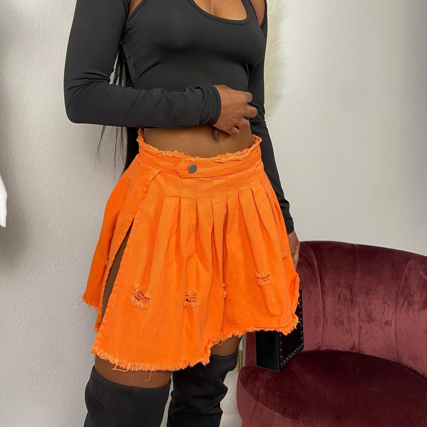 Women's High Slit Ripped Denim Skirt - BaeBekillinem Boutique- Orange- Polyester/ Spandex/ Broadcloth