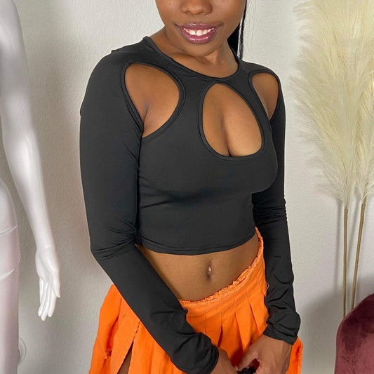 Women's Solid Longsleeve Keyhole Crop Top - Baebekillinem Boutique- Broadcloth/ Cotton/ Polyester- Black