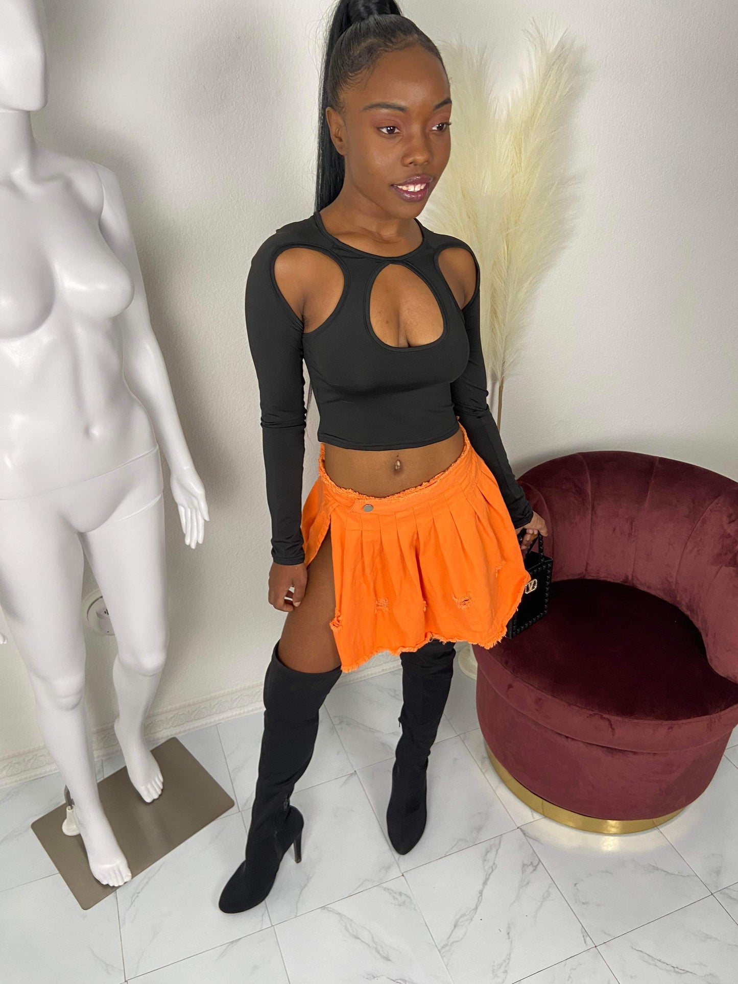 Women's High Slit Ripped Denim Mini Skirt - BaeBekillinem Boutique- Orange- Polyester/ Spandex/ Broadcloth