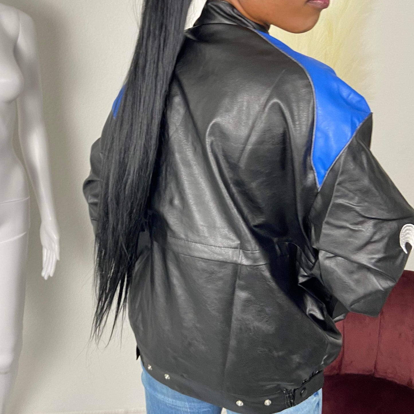 Women's Blue 2-in-1 Leather Motorcycle Jacket - Baebekillinem Boutique- Cotton/ PU Leather/ Polyester- Blue/ Black