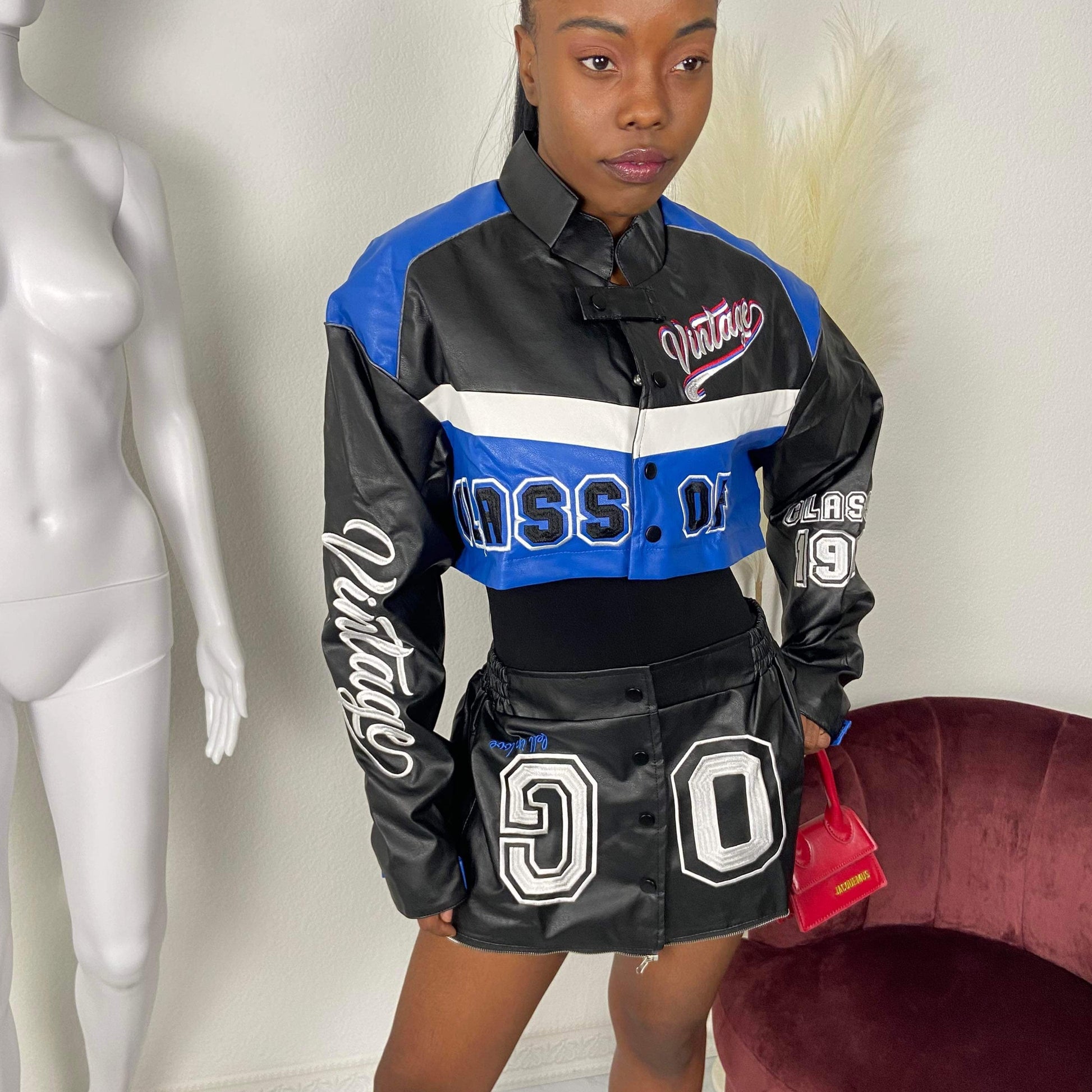 Women's Blue 2-in-1 Leather Motorcycle Jacket - Baebekillinem Boutique- Cotton/ PU Leather/ Polyester- Blue/ Black