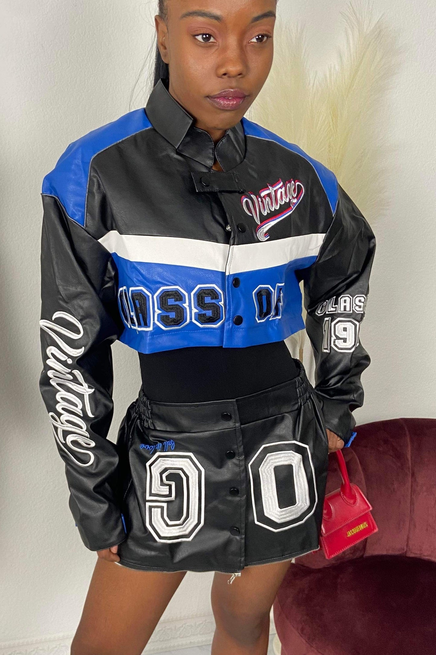 Women's Blue 2-in-1 Leather Motorcycle Jacket - Baebekillinem Boutique- Cotton/ PU Leather/ Polyester- Blue/ Black