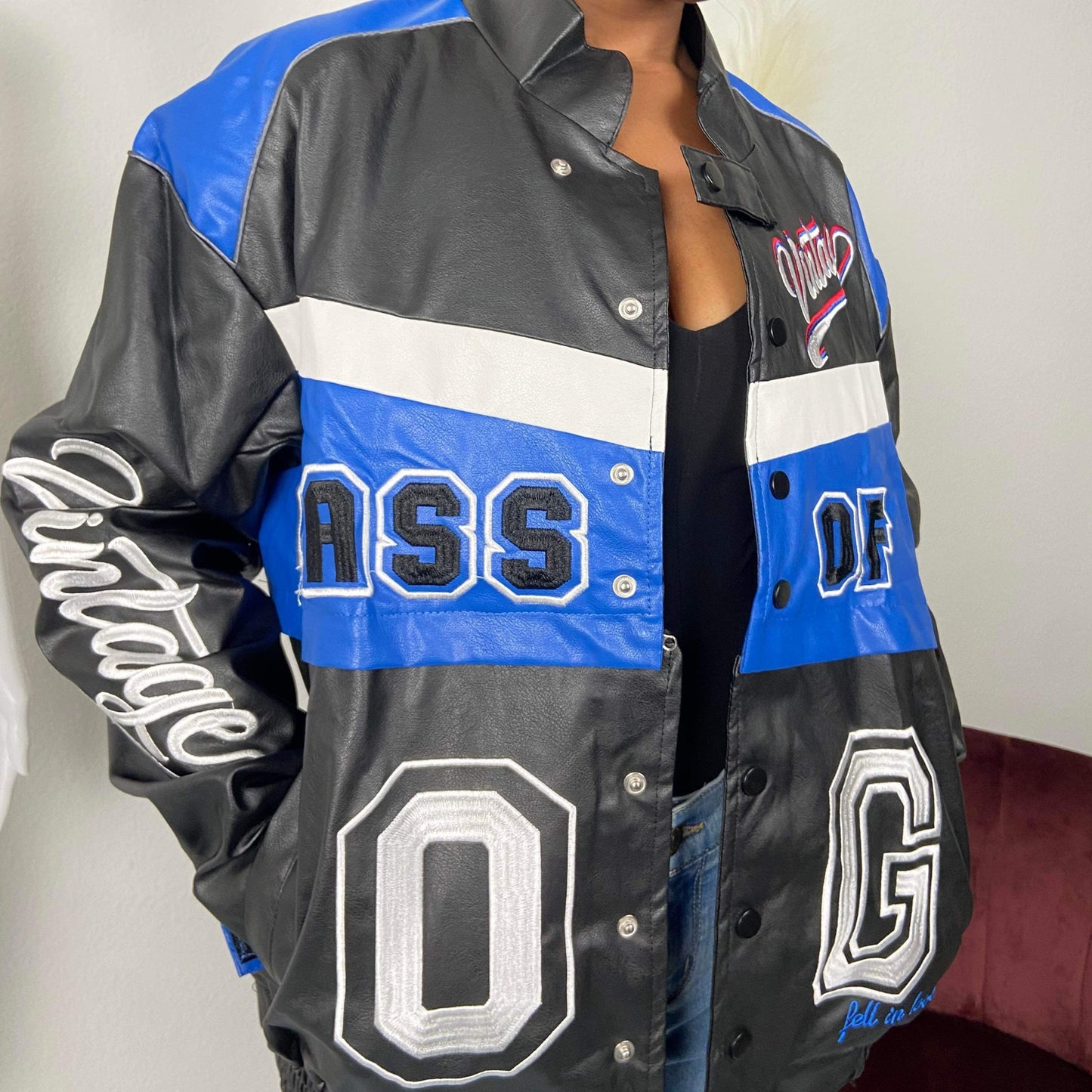 Women's Blue 2-in-1 Leather Motorcycle Jacket - Baebekillinem Boutique- Cotton/ PU Leather/ Polyester- Blue/ Black