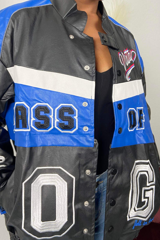 Women's Blue 2-in-1 Leather Motorcycle Jacket - Baebekillinem Boutique- Cotton/ PU Leather/ Polyester- Blue/ Black