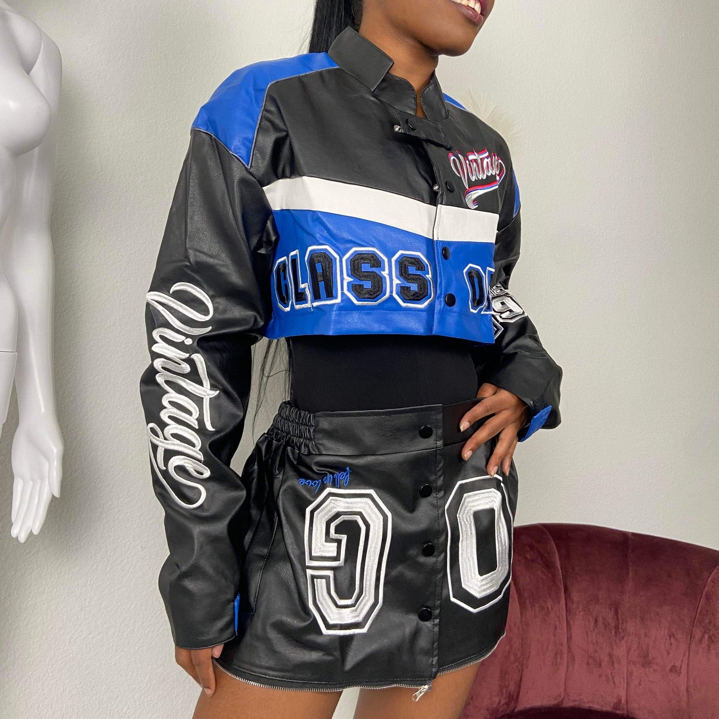 Women's Blue 2-in-1 Leather Motorcycle Jacket - Baebekillinem Boutique- Cotton/ PU Leather/ Polyester- Blue/ Black