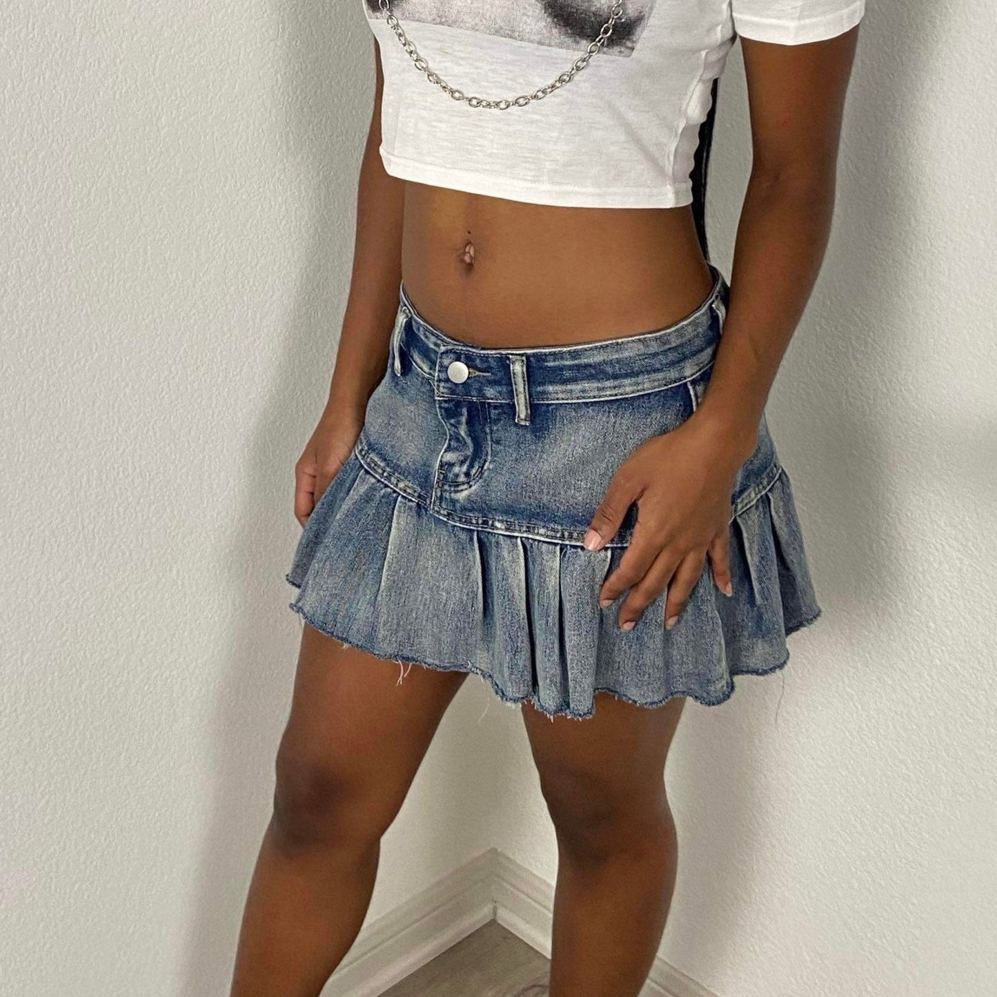 Women's Denim Pleated Micro Mini skirt - BaeBekillinem Boutique- Blue- Polyester/ Viscose/ Spandex