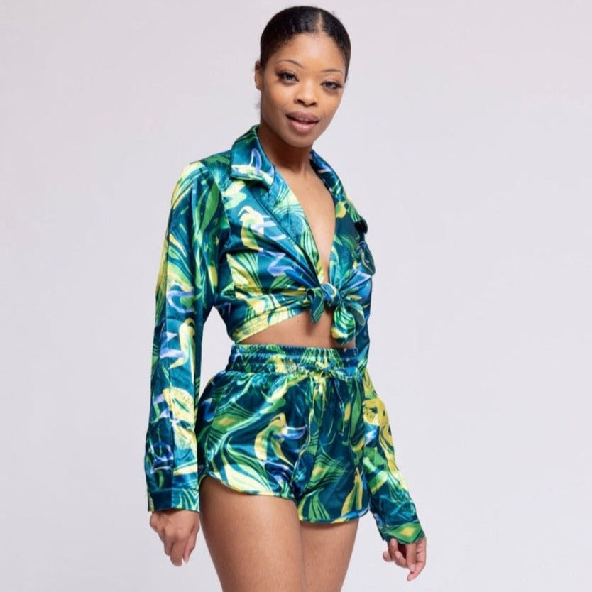 Women's Tropical Satin Abstract Matching Set - Spandex/ Polyester- Green/ Blue- Baebekillinem Boutique- party- club- brunch- yellow- shorts- long sleeve