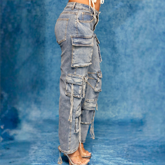 Multi Pocket Denim Wide Leg Cargo Pants- Blue- Baebekillinem