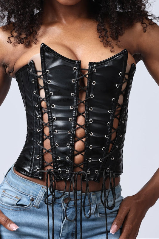 Women's Lace-Up Faux Leather Bustier Corset- Front view- Baebekillinem